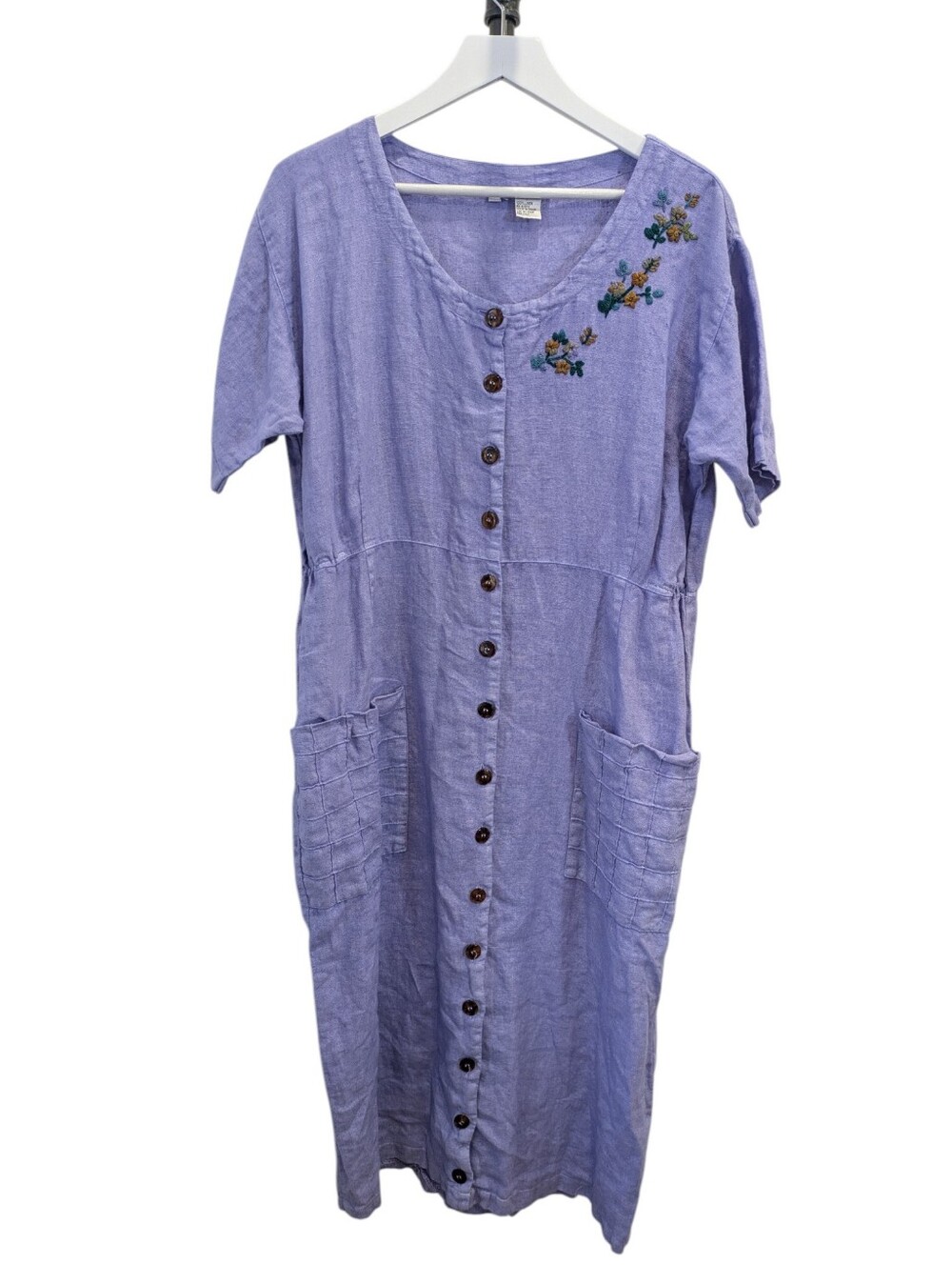 Laissez Faire Linen Midi Dress 1 Purple Embroidered Button Front Shirt Lagenlook